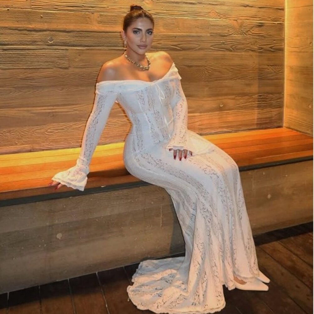 Long White Lace Off the Shoulder Evening Dress